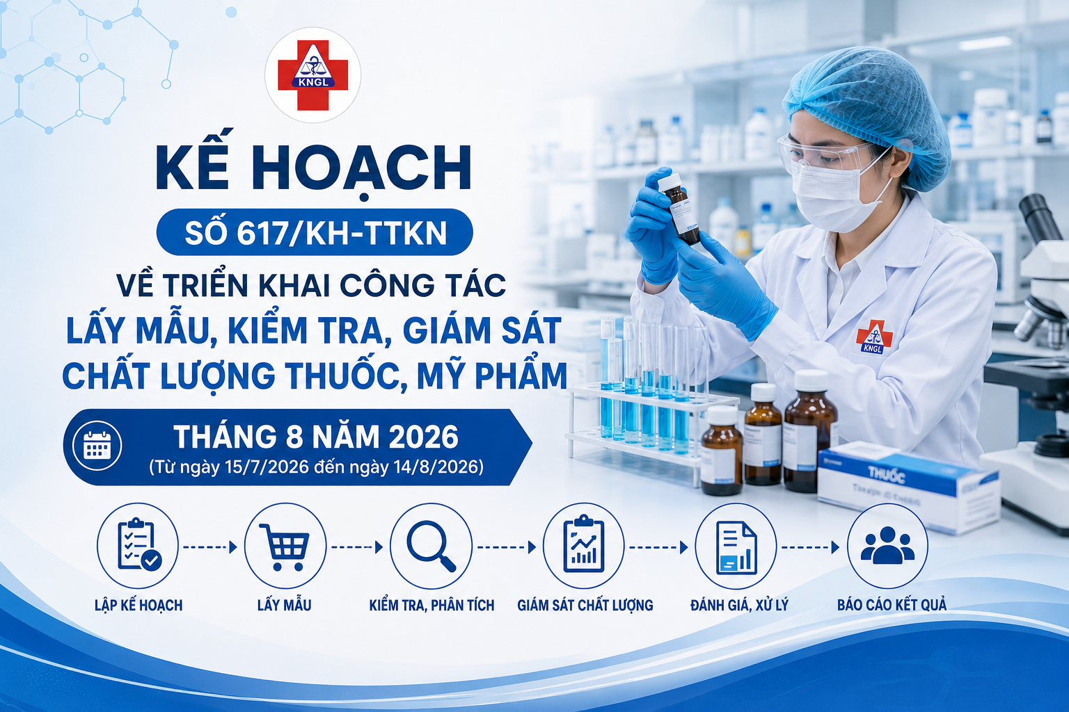 Kế hoạch số 617/KH-TTKN: Triển khai công tác lấy mẫu, kiểm tra, giám sát chất lượng thuốc, mỹ phẩm tháng 8 năm 2026 (Từ ngày 15/7/2026 đến ngày 14/8/2026)